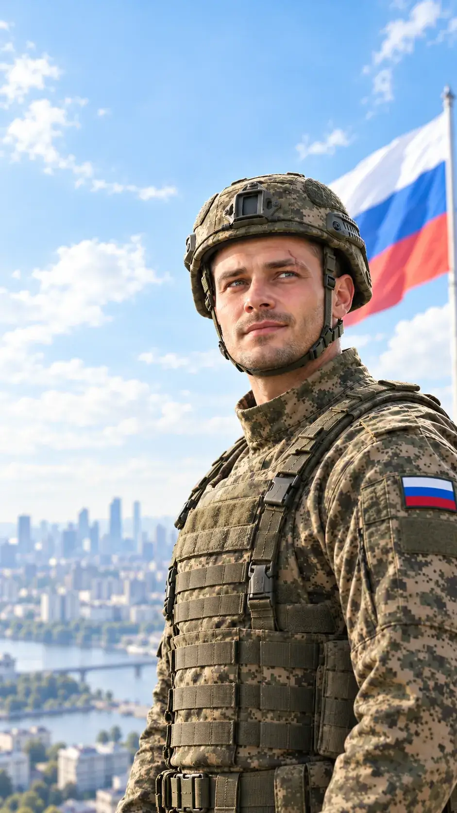 Военнослужащий на фоне флага России